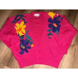 Vintage Bright Pink Floral Knit Button Up Cardigan Sweater‎ Women's